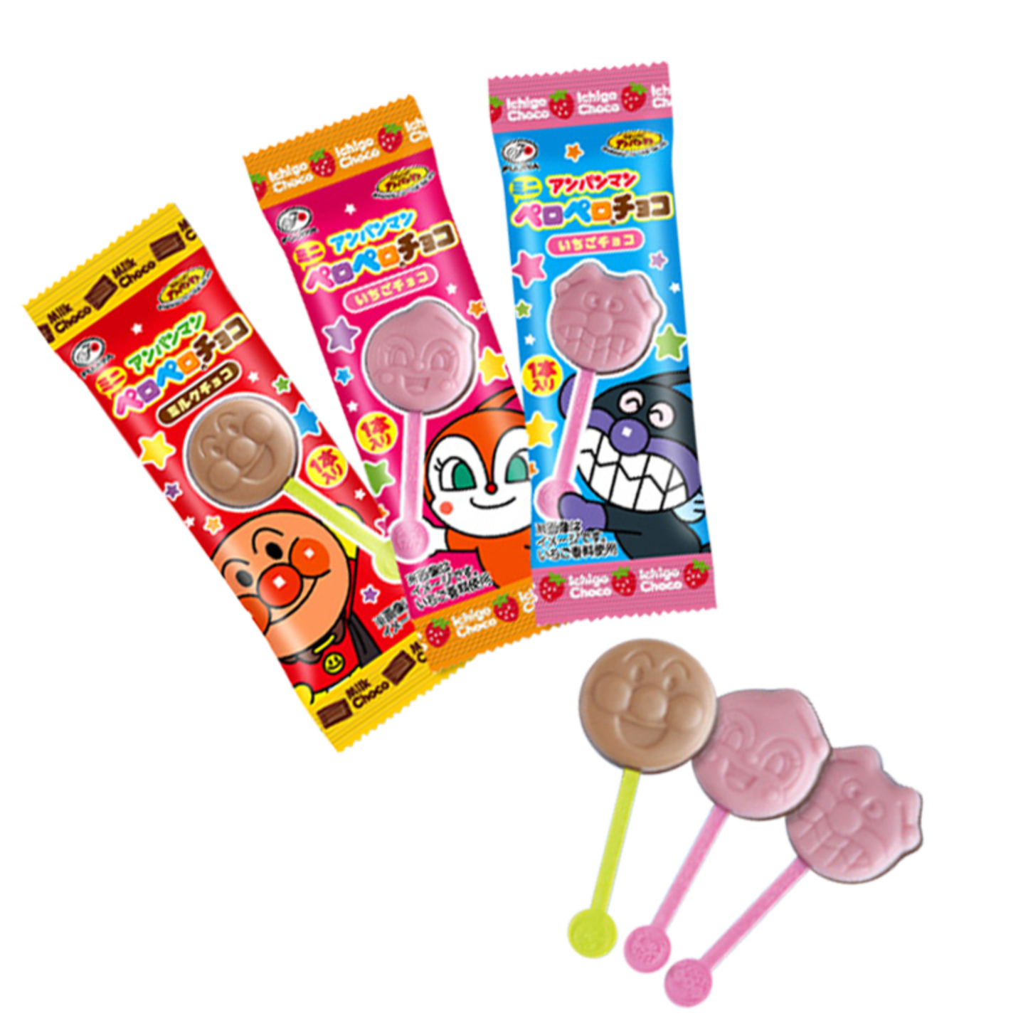 Fujiya Anpanman Chocolate Lollipop不二家面包超人牛奶巧克力&草莓巧克力棒棒糖10支装 5gx10pcs