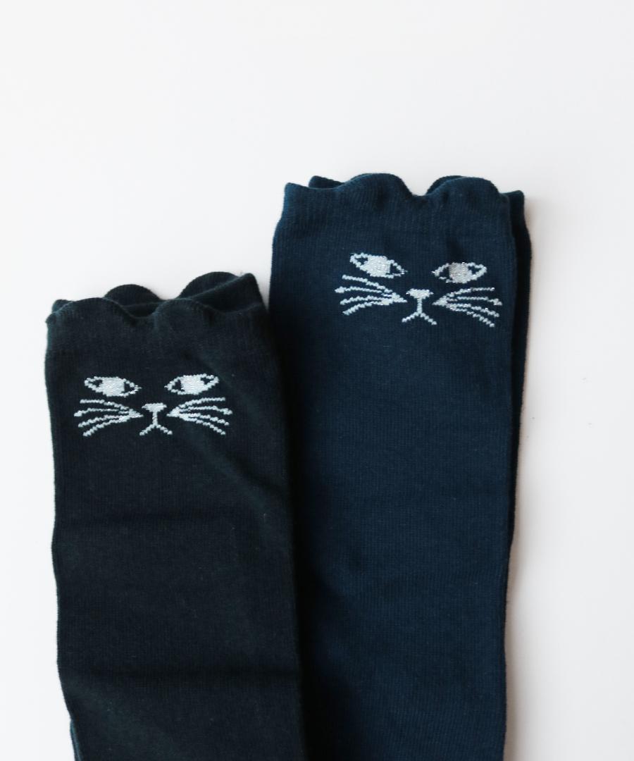 Stample Cat&Tail Knee High Socks Black&Navy/Stample过膝儿童长筒猫咪&尾巴长袜 黑色&深蓝色 2双装 16-18cm 4-6yrs