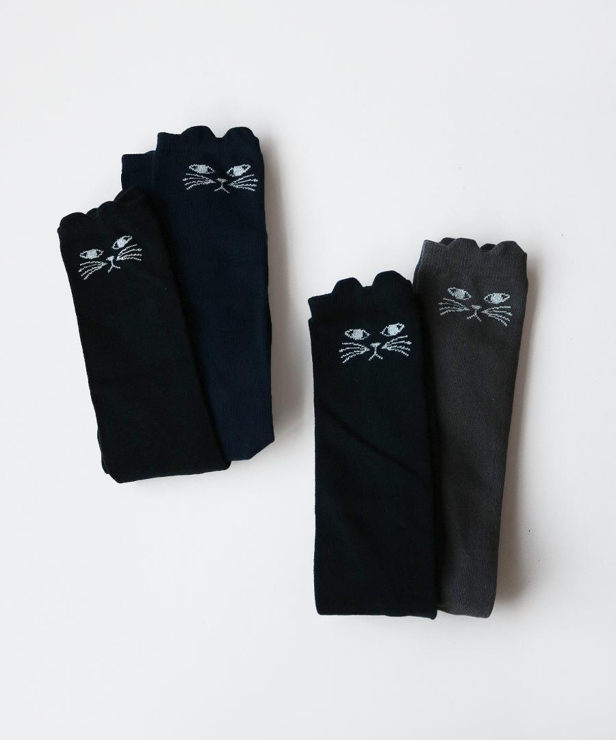 Stample Cat&Tail Knee High Socks Black&Navy/Stample过膝儿童长筒猫咪&尾巴长袜 黑色&深蓝色 2双装 16-18cm 4-6yrs