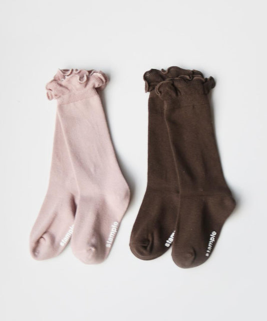 Stample Frill High Socks Pink&Brown 2Pairs/Stample荷叶边儿童及膝长袜 粉色&咖色 2双装 1-6yrs