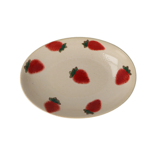 Minoyaki Murir Medium Plate-Strawberry美浓烧日式粗陶手绘椭圆中盘-草莓