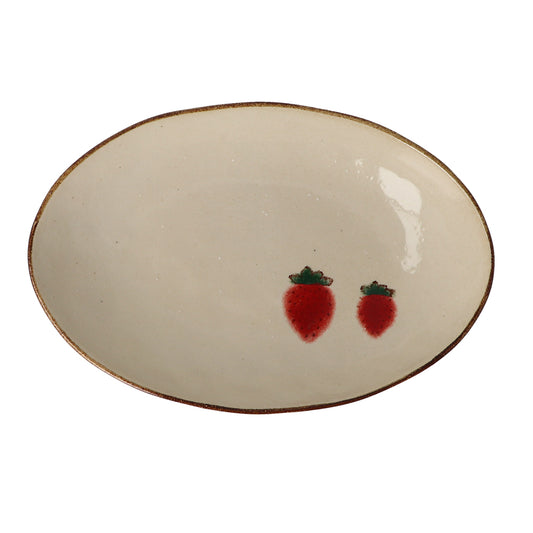 Minoyaki Murir Large Plate-Strawberry美浓烧日式粗陶手绘椭圆大盘-草莓